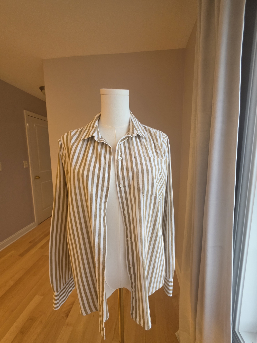 Sezane Striped Beige and White Button-Up Shirt